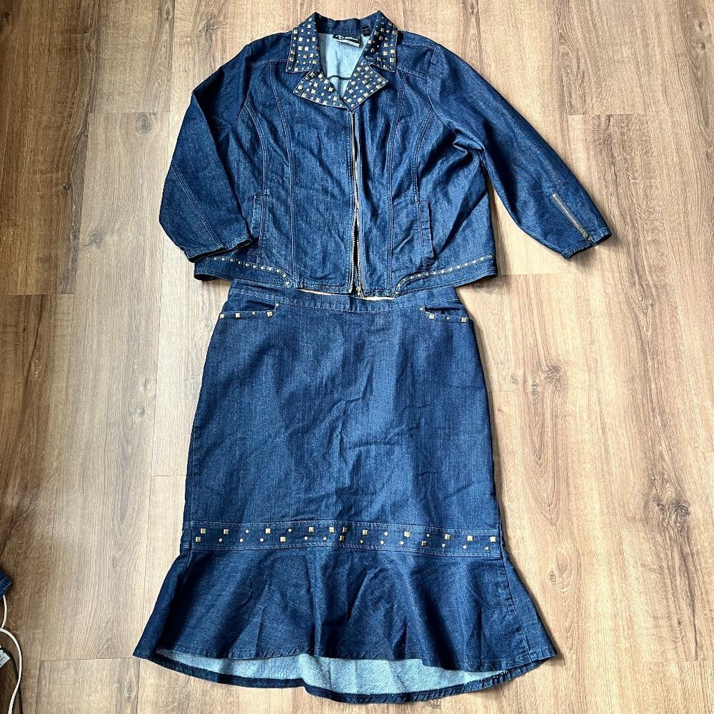 Catherine's Denim Studded Jacket Tulip Skirt Suit Sz 2X
